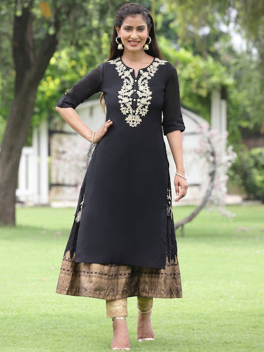 Juniper Women Black Geometric Yoke Design Thread Work Chanderi Silk Kurta - L