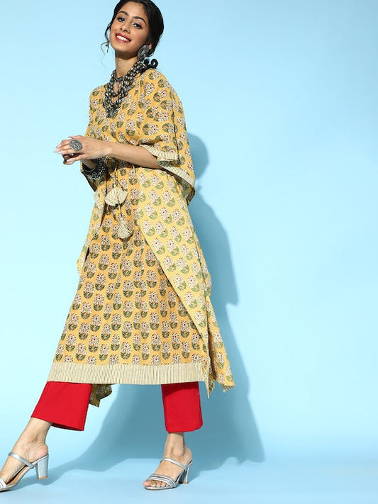 Yufta Mustard Cotton Kaftan Kurta - S