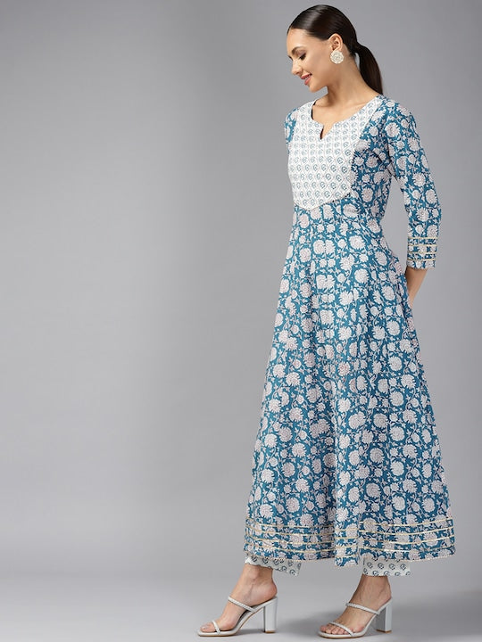 Yufta Women Blue Ethnic Motifs Printed Printed Pure Cotton Kurta with Trousers & Dupatta