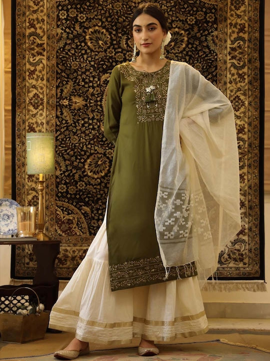 SCAKHI Women Olive Green Floral Embroidered Panelled Kurta with Sharara & With Dupatta