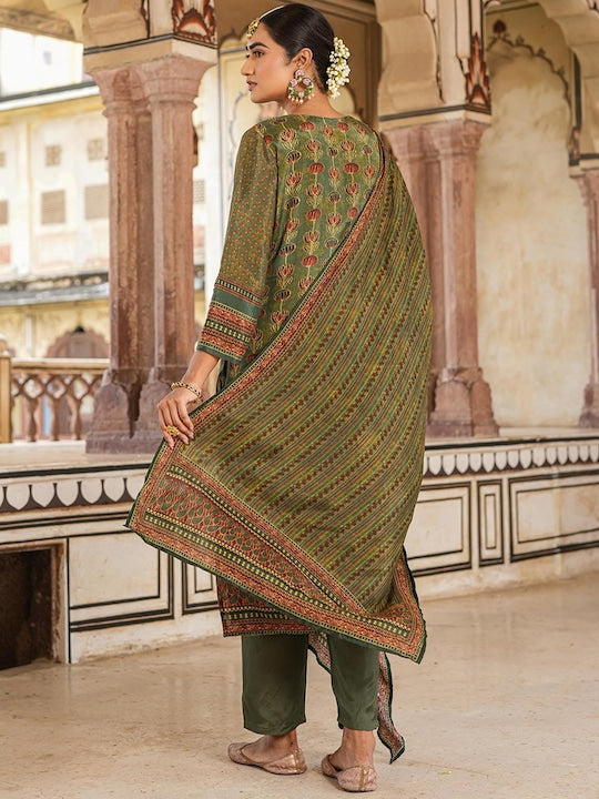 Scakhi Ethnic Motifs Printed Pure Silk Straight Kurta With Trousers & Dupatta