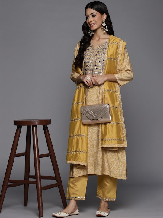 Varanga Women Mustard Yellow Printed Mirror Work Kurta with Trousers & Dupatta