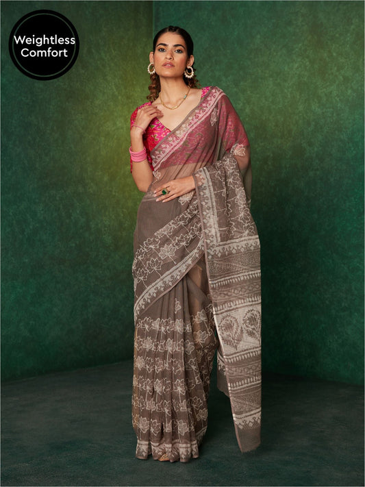 Likha Grey 200gms Kota Doriya Handblocked Cotton Saree with Unstitched Blouse LIKSAR69 (Free Size)