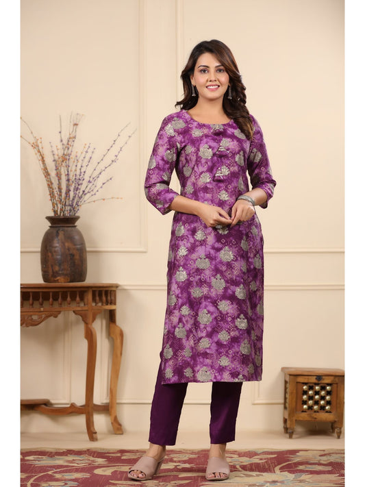 PIROH Women Modal & Shantoon Floral Print Straight Kurta Pant Purple (Set of 2)