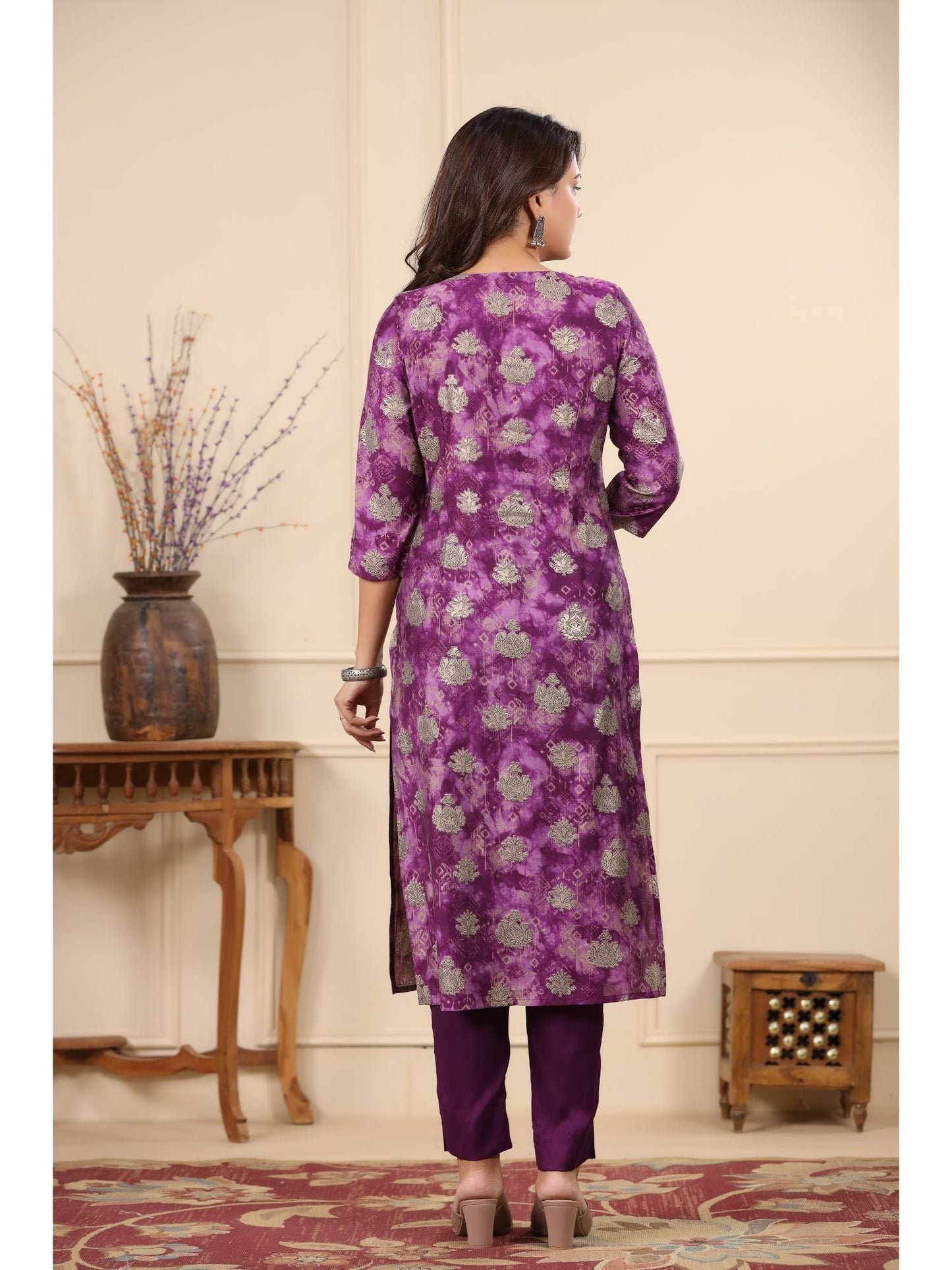 PIROH Women Modal & Shantoon Floral Print Straight Kurta Pant Purple (Set of 2)