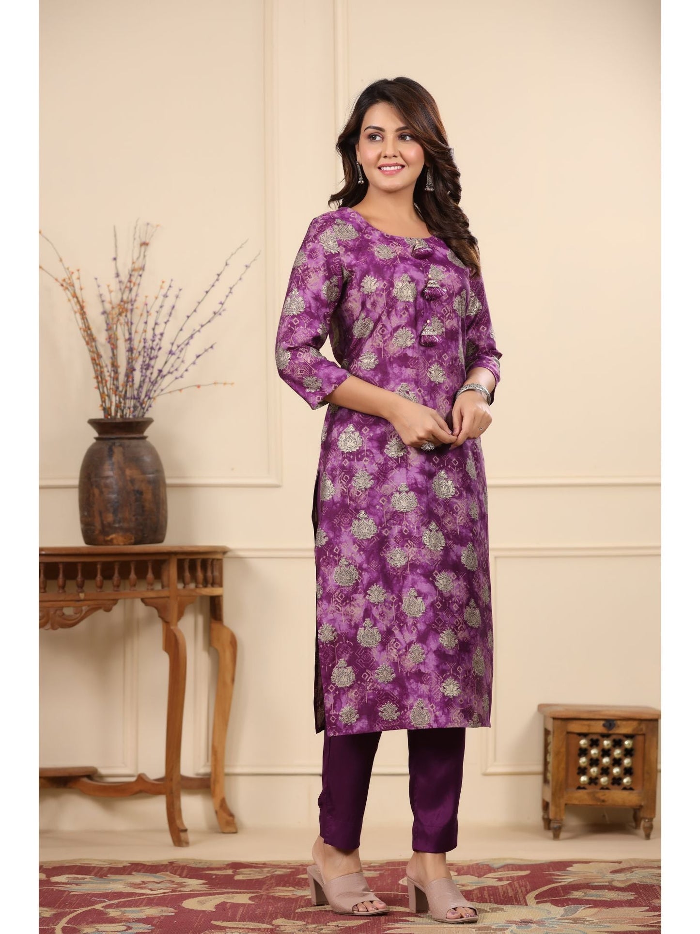 PIROH Women Modal & Shantoon Floral Print Straight Kurta Pant Purple (Set of 2)