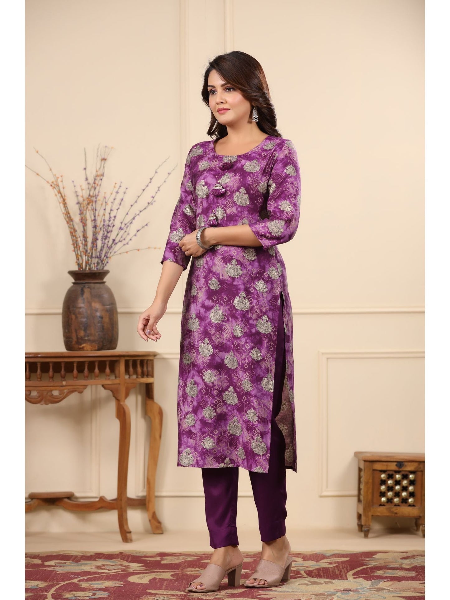 PIROH Women Modal & Shantoon Floral Print Straight Kurta Pant Purple (Set of 2)