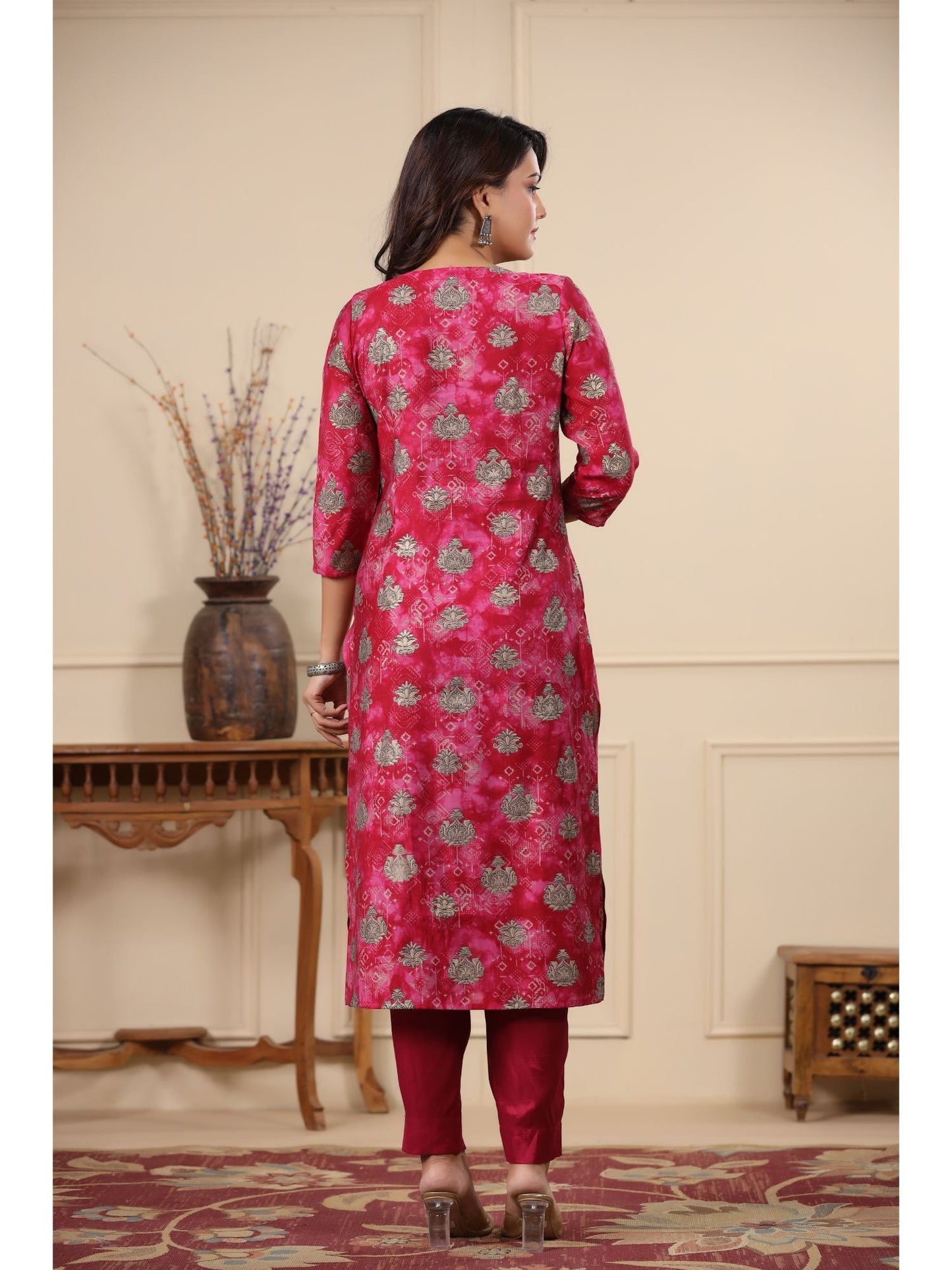 PIROH Women Modal & Shantoon Floral Print Straight Kurta Pant Pink (Set of 2)