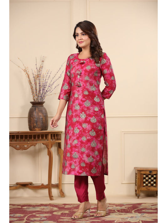 PIROH Women Modal & Shantoon Floral Print Straight Kurta Pant Pink (Set of 2)