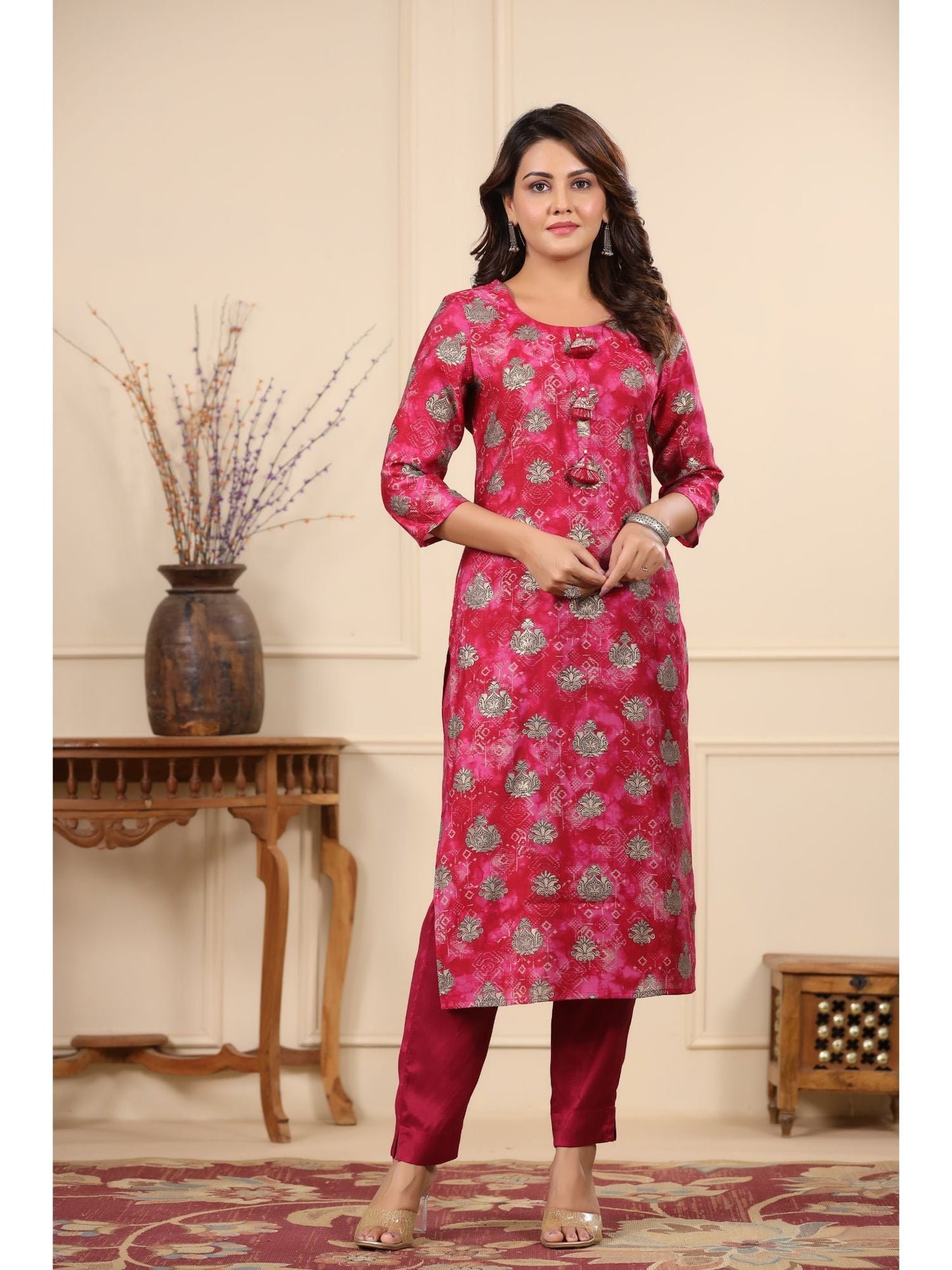 PIROH Women Modal & Shantoon Floral Print Straight Kurta Pant Pink (Set of 2)