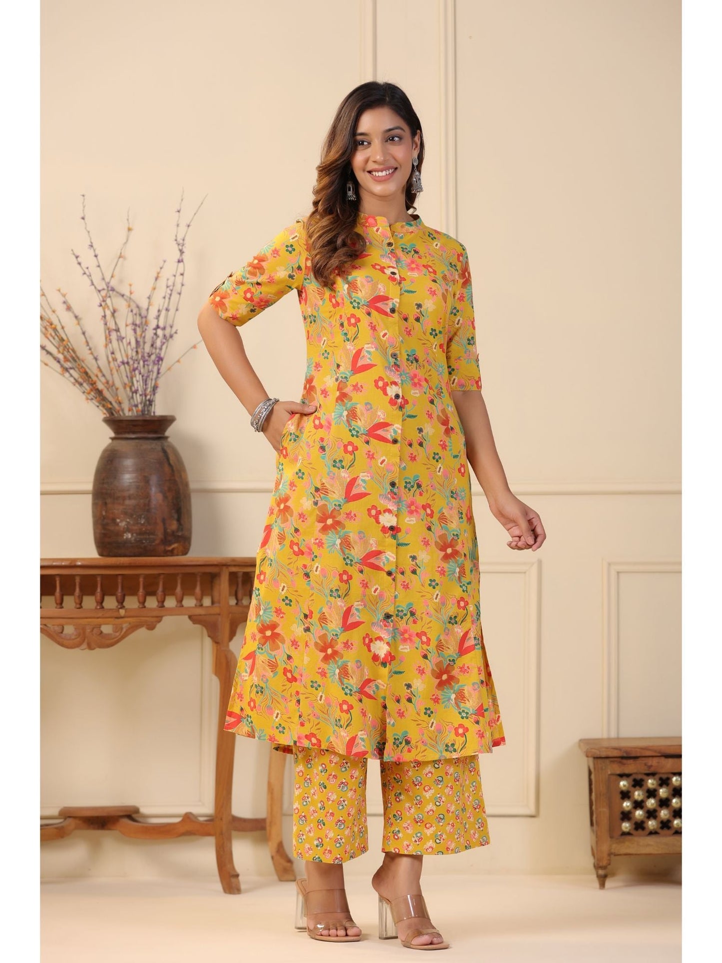 PIROH Women Cotton Floral Print A-Line Kurta Palazzo Mustard (Set of 2)