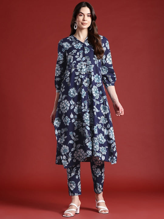 All about you Floral Print Pleated Pure Cotton Kurta with Trousers