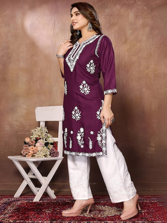 Fabmora Floral Embroidered Round Neck Three-Quarter Sleeves Chikankari Kurta with Palazzos