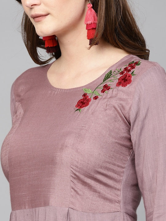 Yufta Women Mauve & Black Embroidered Kurta with Palazzos