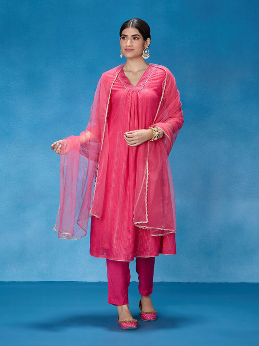 Likha Fuschia Rangbahar Sequence Chanderi Kurta Pant and Dupatta LIKSKD282 (Set of 3) - XL