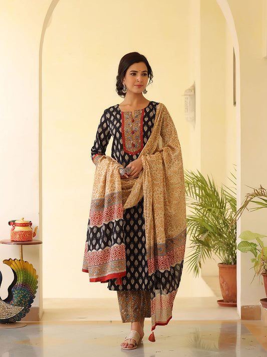 PIROH Womens Cotton Regular Print Straight Kurta Pant Dupatta Black (Set of 3)