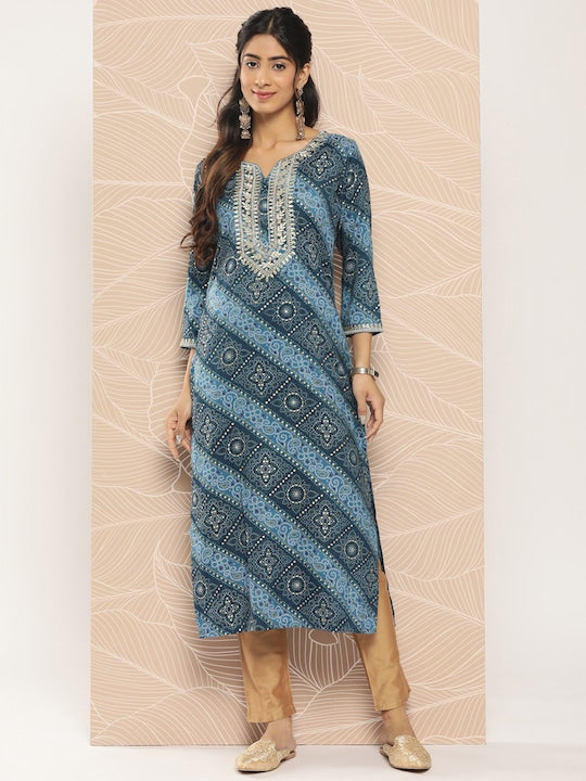 Yufta Bandhani Printed Gotta Patti Kurta Blue