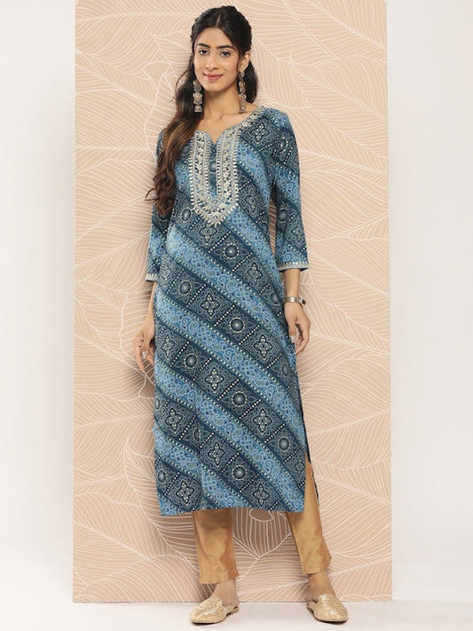 Yufta Bandhani Printed Gotta Patti Kurta Blue