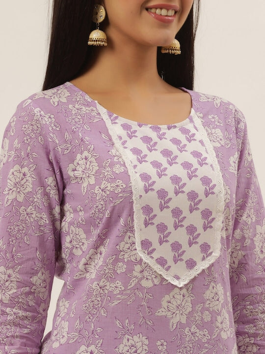 Yufta Women Lavender Printed Pleated Pure Cotton Kurta with Trousers & With Dupatta - S