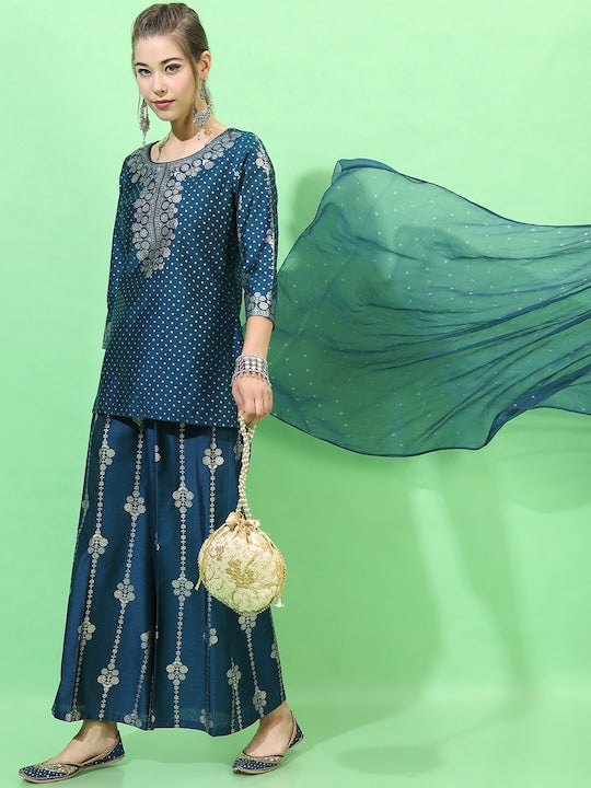 Vishudh Women Teal Ethnic Motifs Printed Kurti with Palazzos & With Dupatta