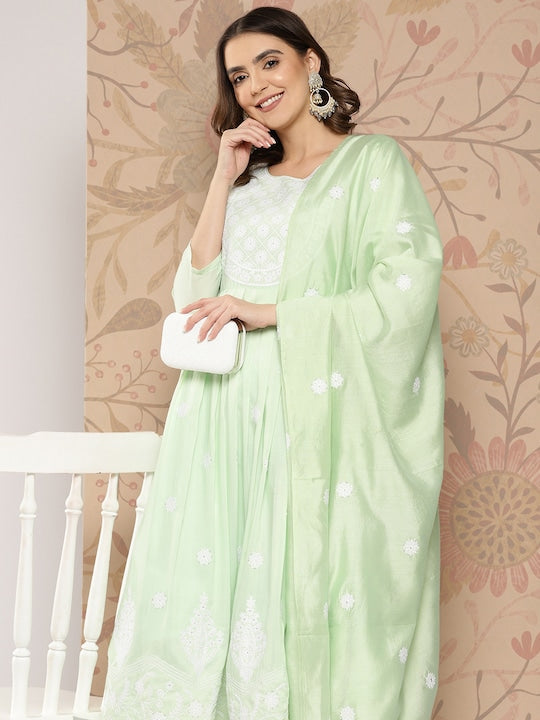 Yufta Women Floral Embroidered Pleated Thread Work Kurta with Trousers & With Dupatta