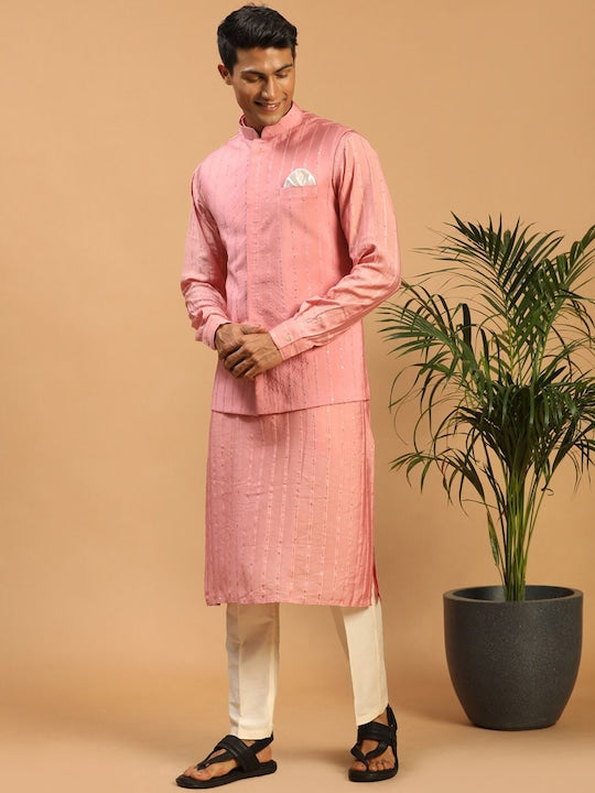 Vastramay Embroidered Sequinned Kurta With Pyjamas & Nehru Jacket