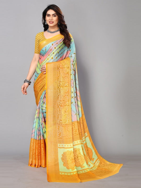 Fabmora Printed Zari Pure Chiffon Brasso Saree