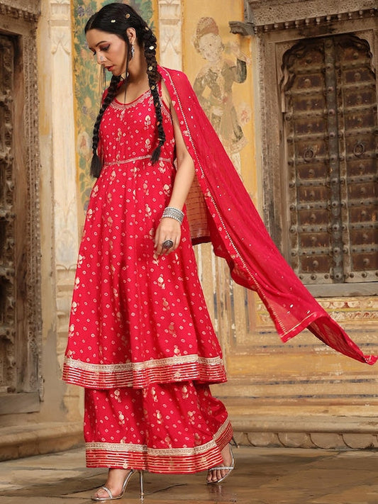 SCAKHI Women Fuchsia Bandhani Printed Gotta Patti Kurti with Sharara & Dupatta