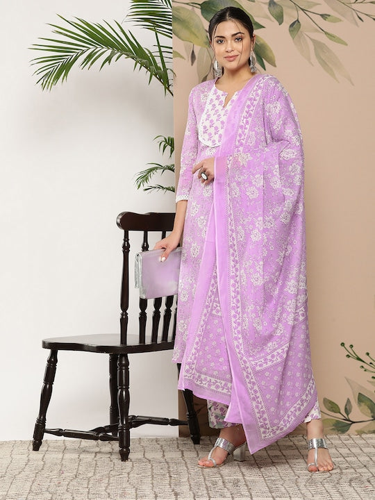 Yufta Ethnic Motifs Printed Pure Cotton Kurta With Trousers & With Dupatta - S