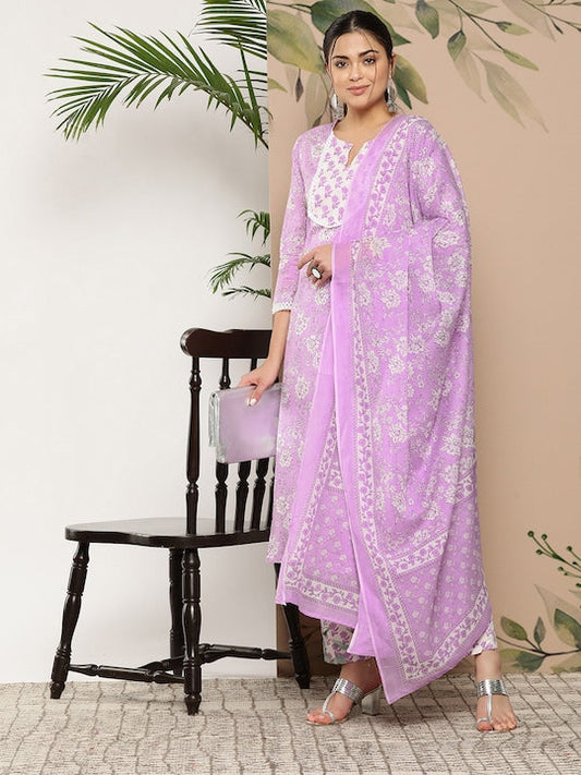 Yufta Ethnic Motifs Printed Pure Cotton Kurta With Trousers & With Dupatta - S