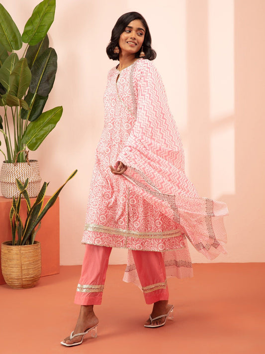 Likha Gulbarg Pink Hand Block Printed Kurta with Dupatta LIKSKD150 (Set of 3) - M
