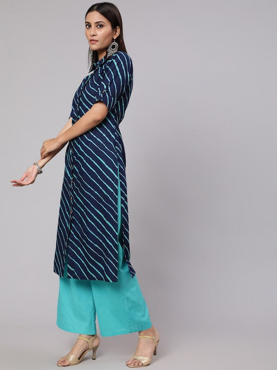 AKS Leheriya Printed Roll-Up Sleeves Cotton Straight Kurta