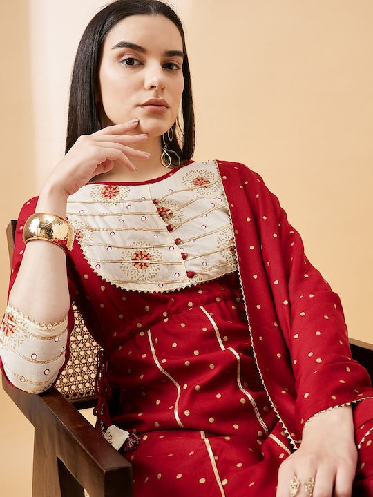 Sangria Polka Dots Printed Gotta Patti A-Line Kurta With Sharara & Dupatta