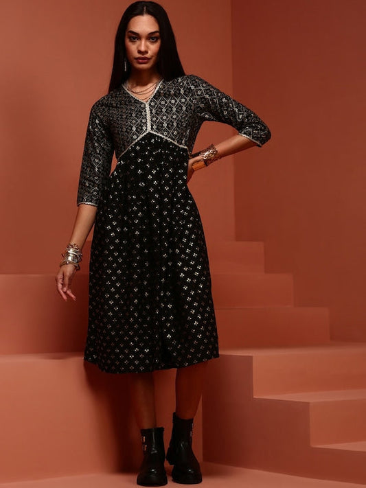 IMARA Ethnic Motifs Printed Gathered Empire Ethnic Dress