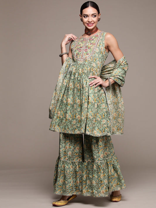 Anubhutee Women Green Ethnic Motifs Mirror Work Cotton Kurta with Sharara & Dupatta