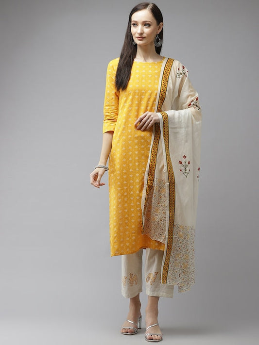 Yufta Women Mustard Yellow Ethnic Motifs Printed Regular Pure Cotton Kurta with Trousers & With Dupatta