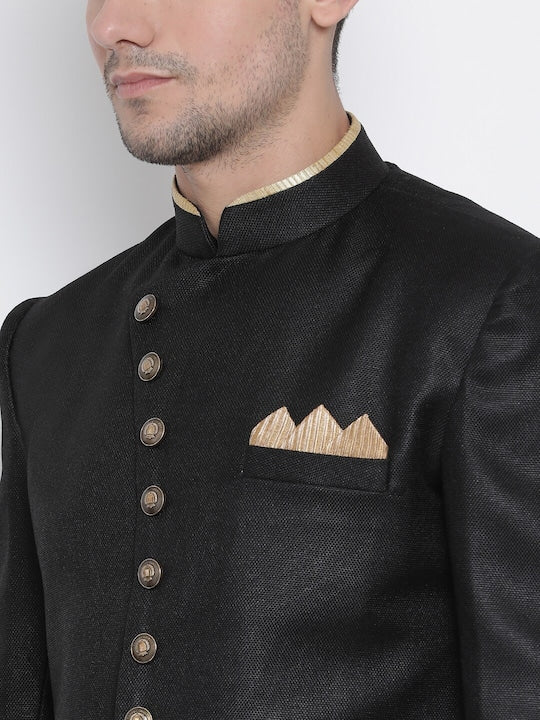Vastramay Men Black & Rose Gold Angrakha Style Sherwani Set