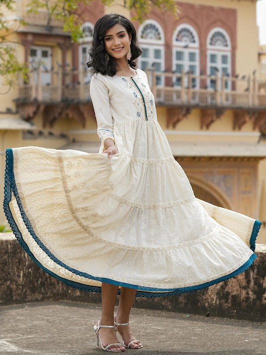 Scakhi Ethnic Motifs Schiffli Self Design Tiered Cotton Fit & Flare Ethnic Dress