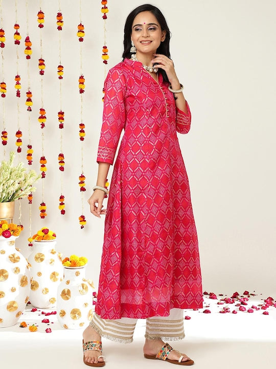 Varanga Women Pink & Gold-Toned Ethnic Motifs Printed Anarkali Kurta