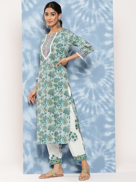 Yufta Floral Block Printed Regular Pure Cotton Kurta With Trousers & Dupatta