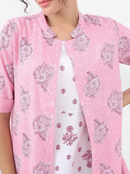 Vishudh Floral Print A-Line Midi Dress With Jacket