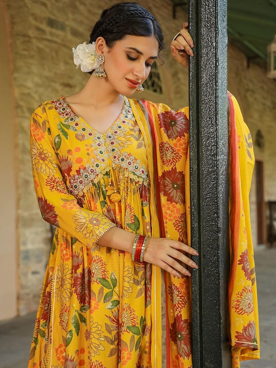 Scakhi Floral Printed Empire Thread Work Kurta with Trousers & Dupatta