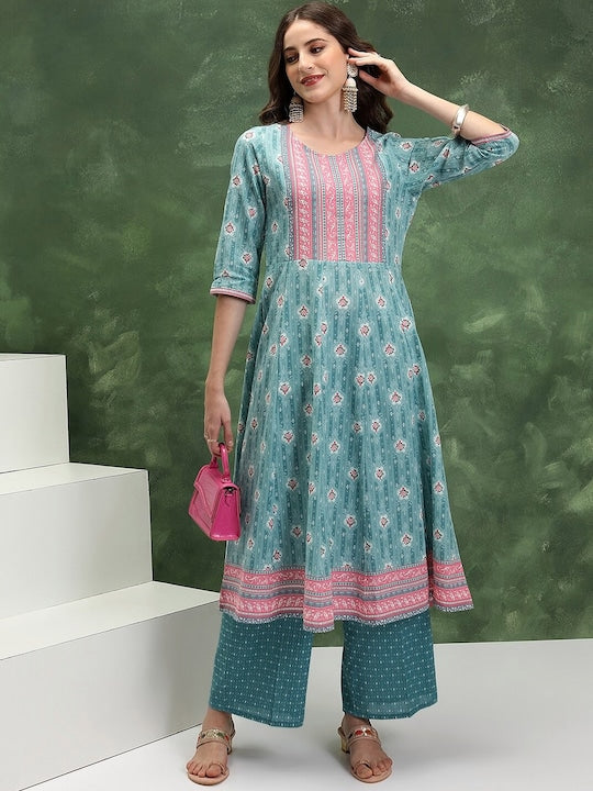 Vishudh Women Floral Printed Regular Pure Cotton Kurta with Palazzos & With Dupatta
