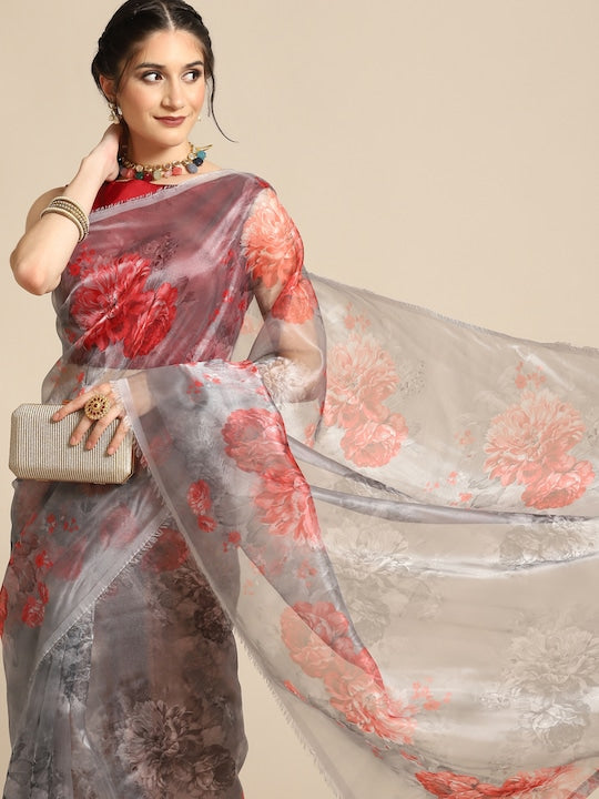 All about you Grey & Maroon Floral Organza Saree