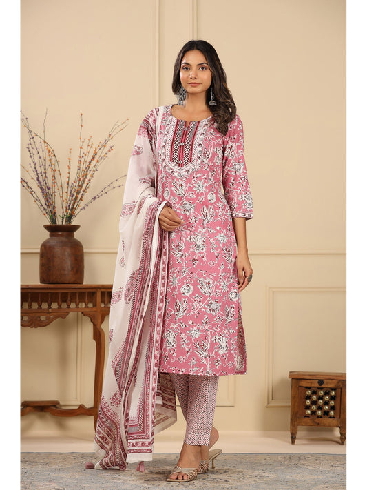 PIROH Womens Cotton Floral Print Straight Kurta Pant Dupatta Pink (Set of 3)
