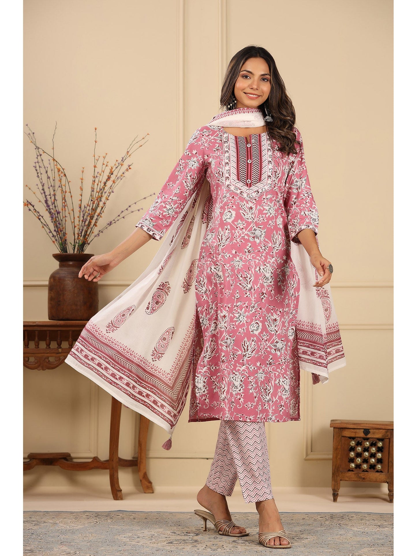 PIROH Womens Cotton Floral Print Straight Kurta Pant Dupatta Pink (Set of 3)