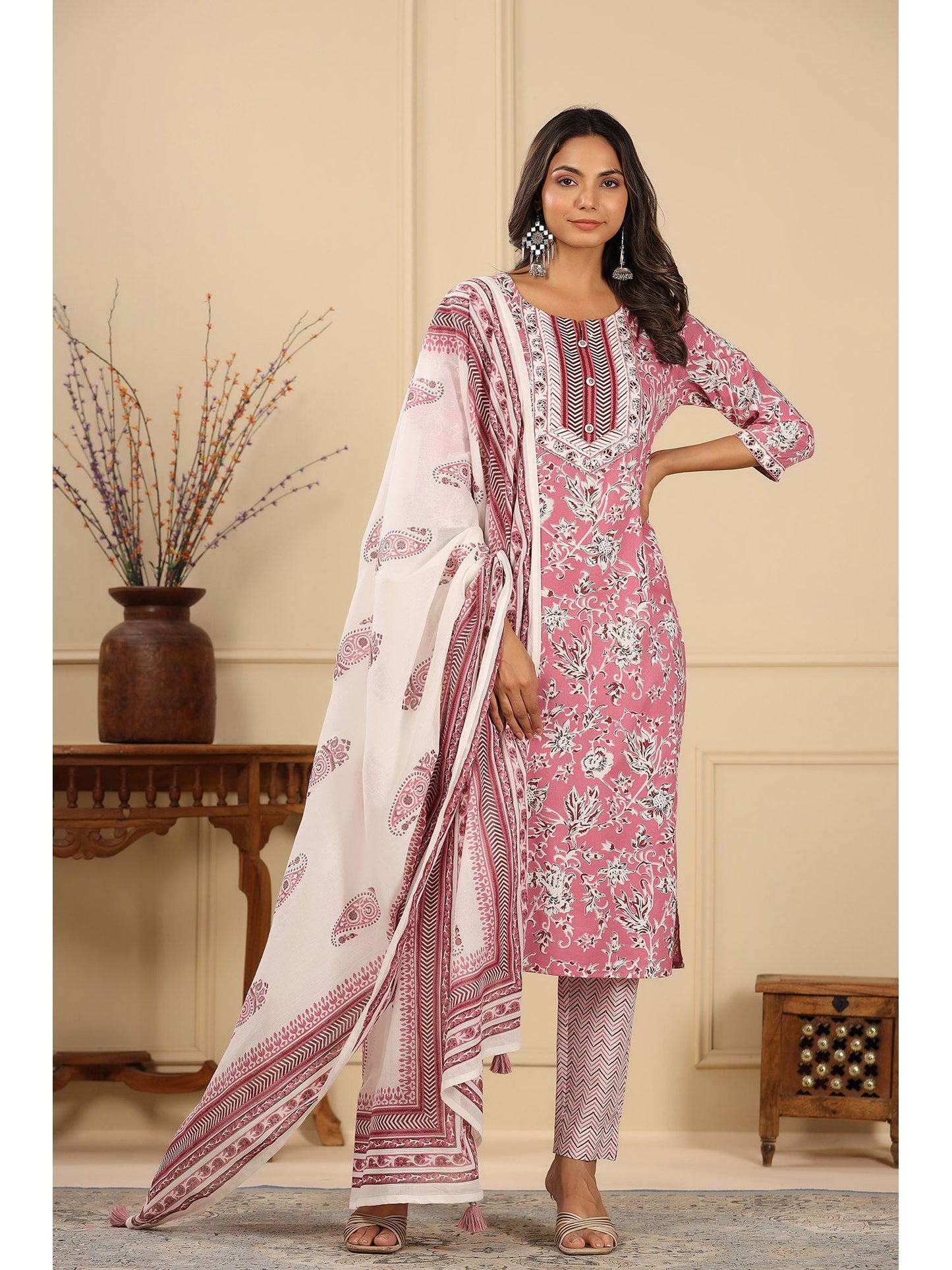 PIROH Womens Cotton Floral Print Straight Kurta Pant Dupatta Pink (Set of 3)