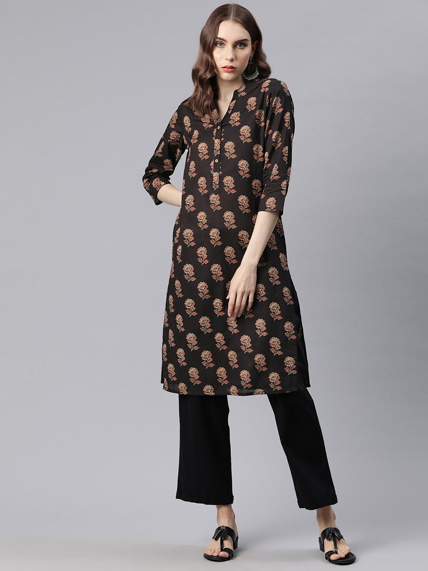 PIROH Womens Cotton Floral Print Straight Short Kurta Black