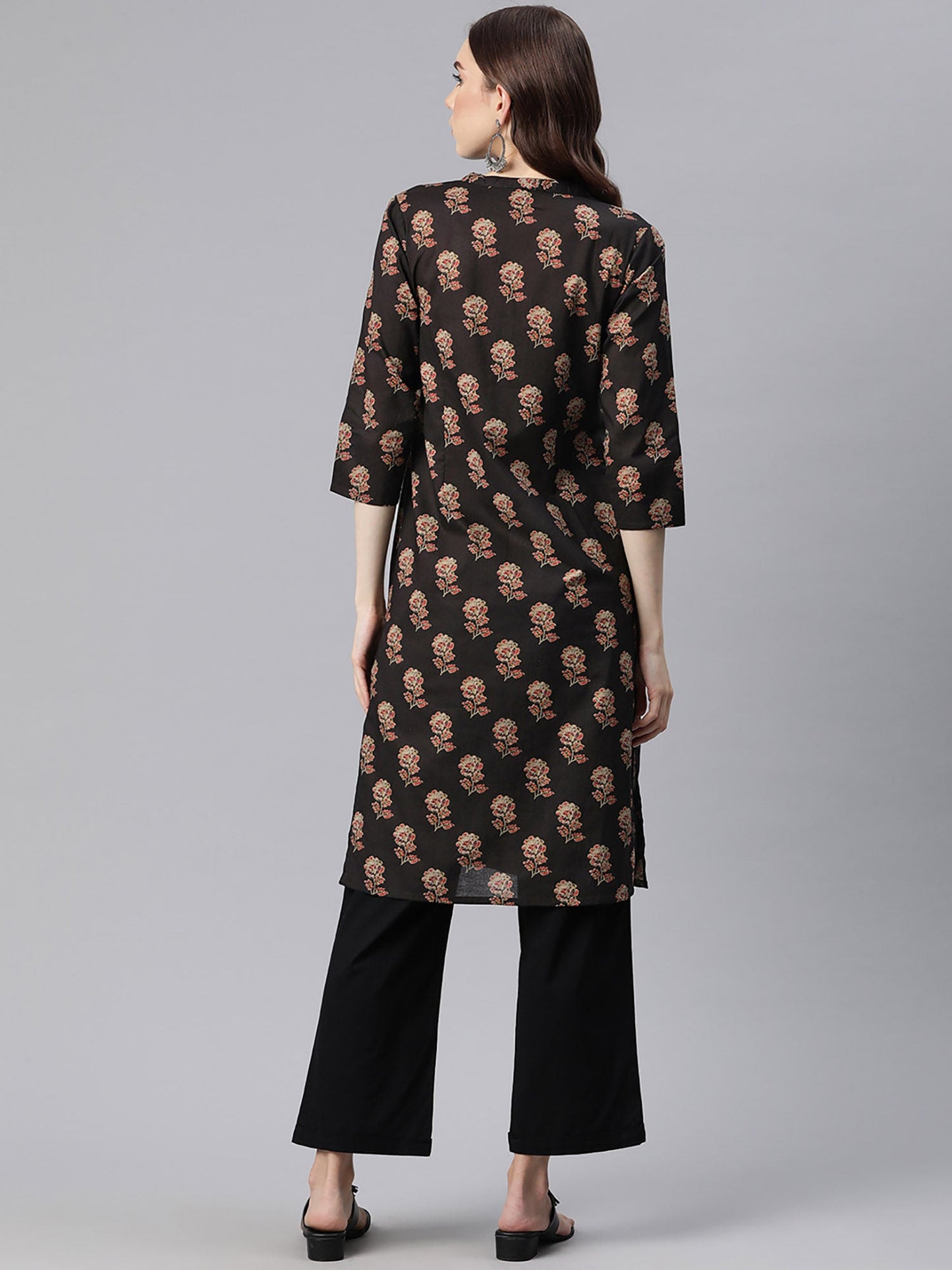 PIROH Womens Cotton Floral Print Straight Short Kurta Black