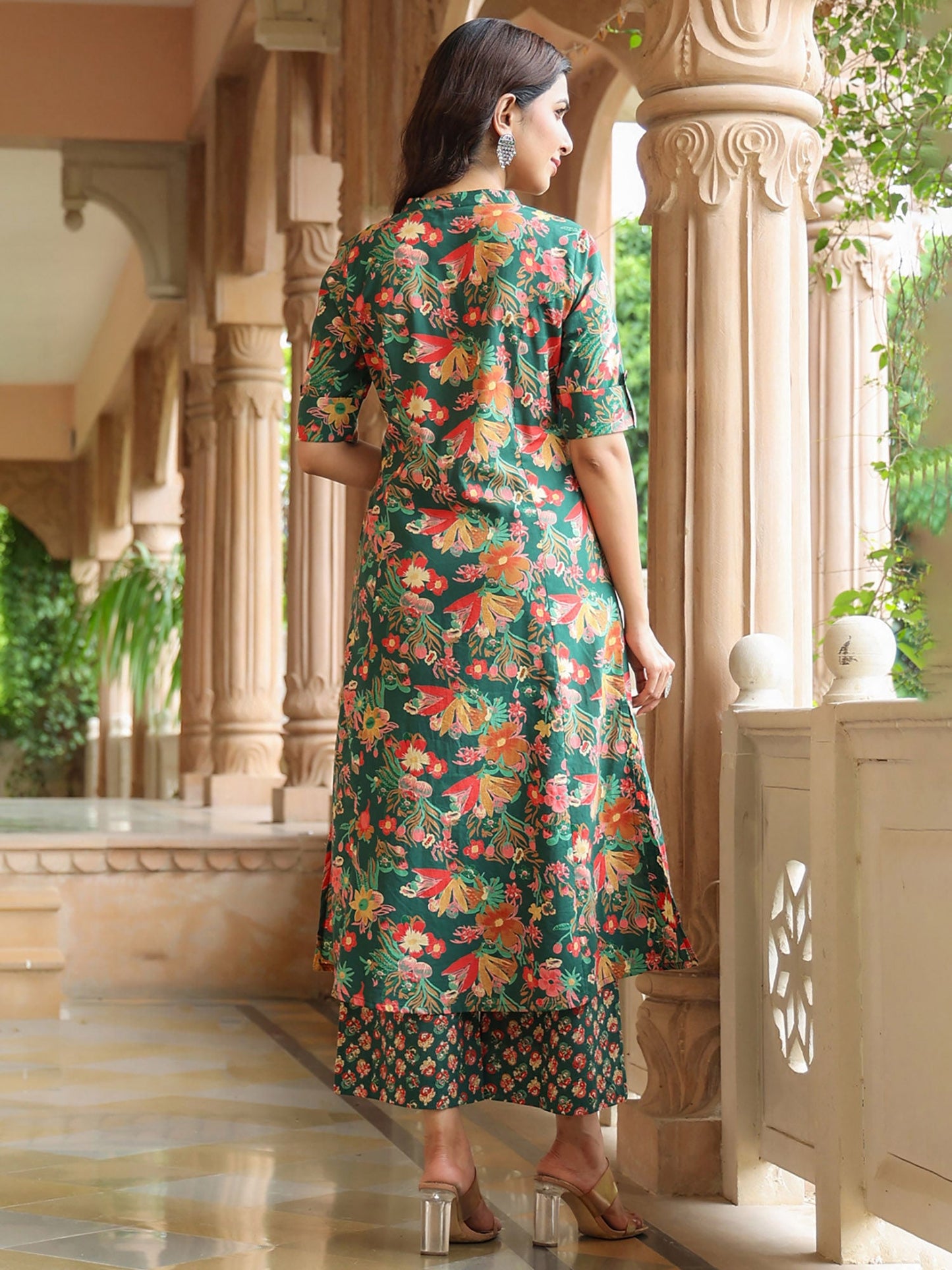 PIROH Womens Cotton Floral Print A-Line Kurta Palazzo Green (Set of 2)